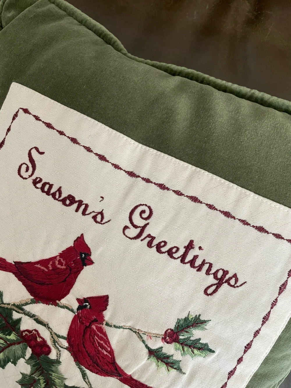 Green Velvet Green “Season’s Greeting”  Cardinal Holiday Throw Pillow 12”X12”